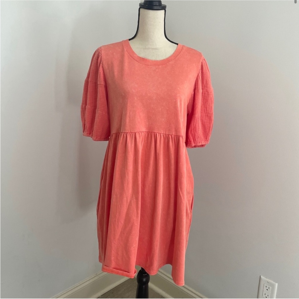Coral Puff Sleeve Dress - Fit and Flare - L